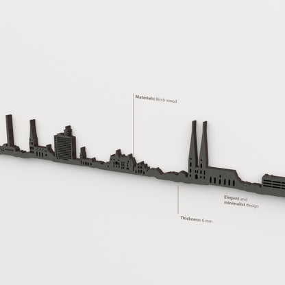 Detalle del skyline de Bielefeld en acabado negro, con indicaciones de madera de abedul y grosor de 6 mm.