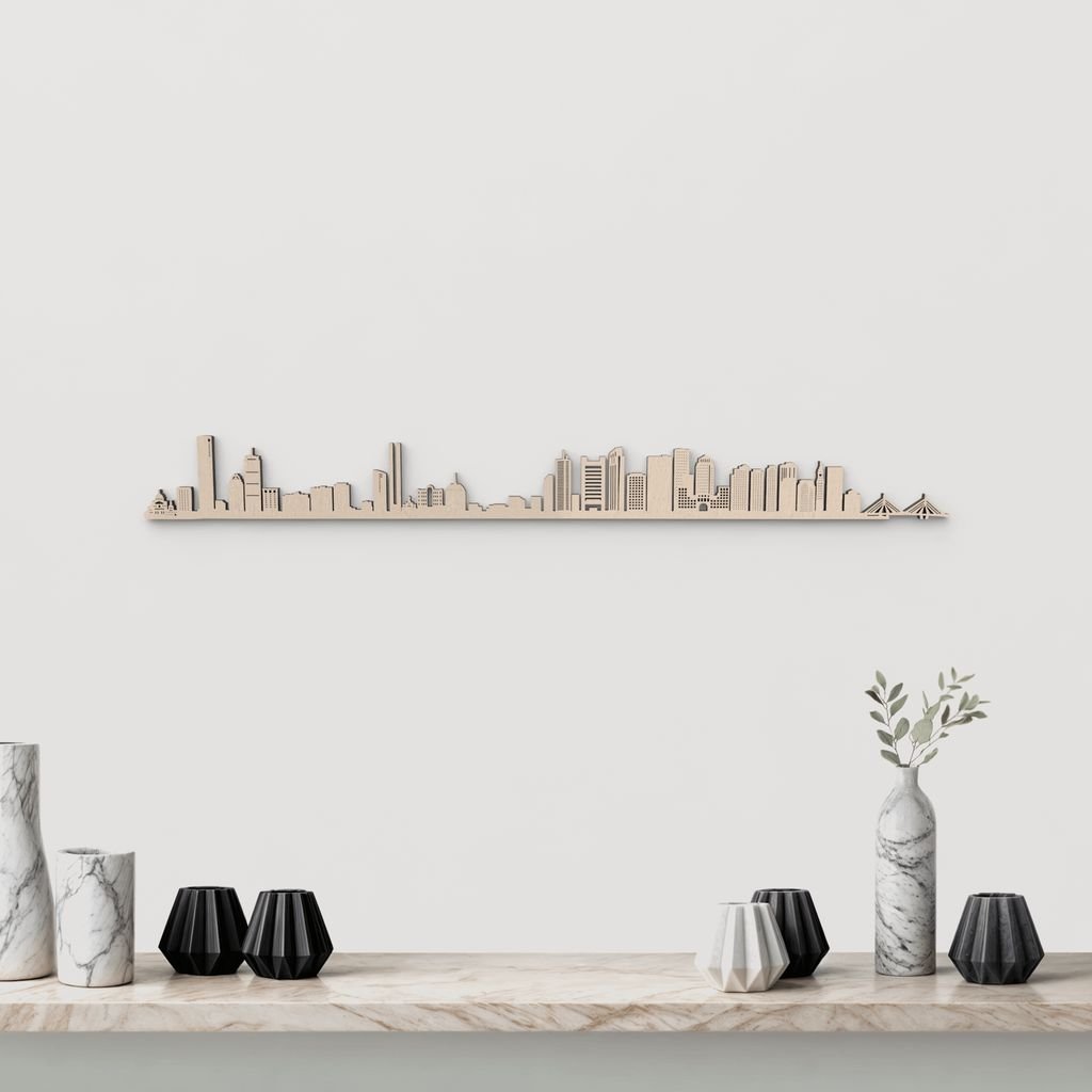 Skyline Boston en madera natural para decoración mural.