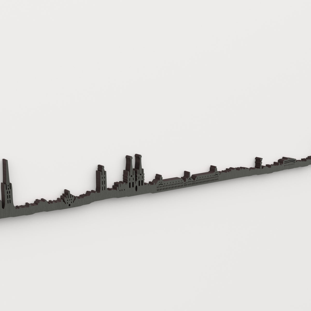 Detalle del skyline de Burdeos en acabado negro, con ventanas recortadas y relieve de madera.