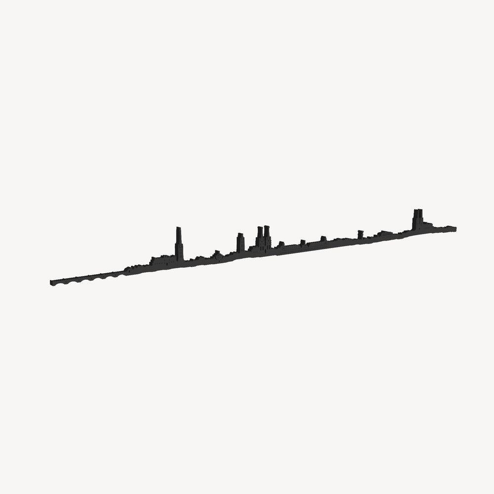 Skyline de Burdeos en madera negra, visto en diagonal sobre fondo blanco, con sus monumentos y ventanas recortadas.