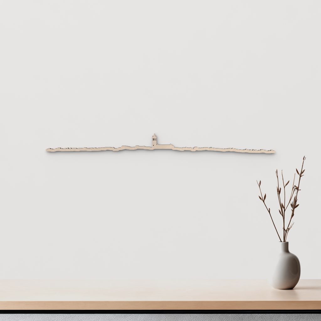 Silueta skyline de Colmenar Viejo en madera natural para decoración mural.