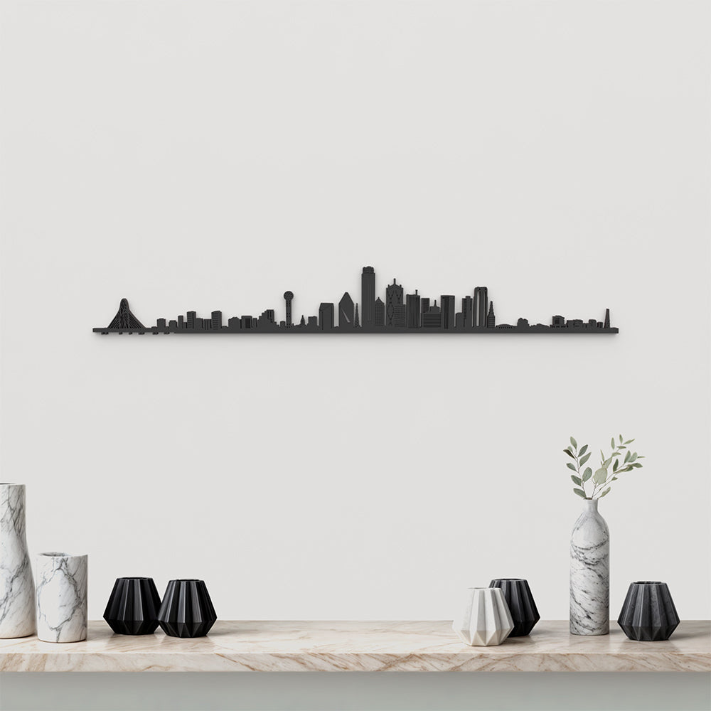 Skyline Dallas de madera negra, silueta decorativa de pared.