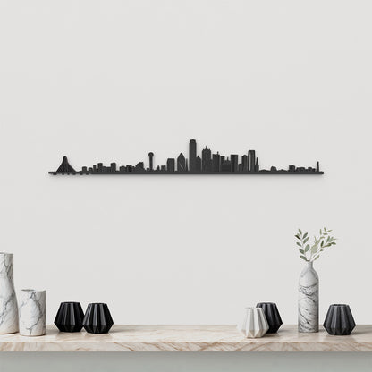 Skyline Dallas de madera negra, silueta decorativa de pared.