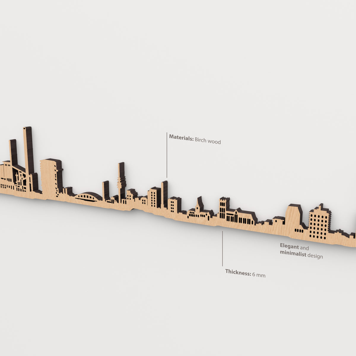 Detalle del skyline de Duisburg en acabado marrón, con indicaciones de madera de abedul y grosor de 6 mm.
