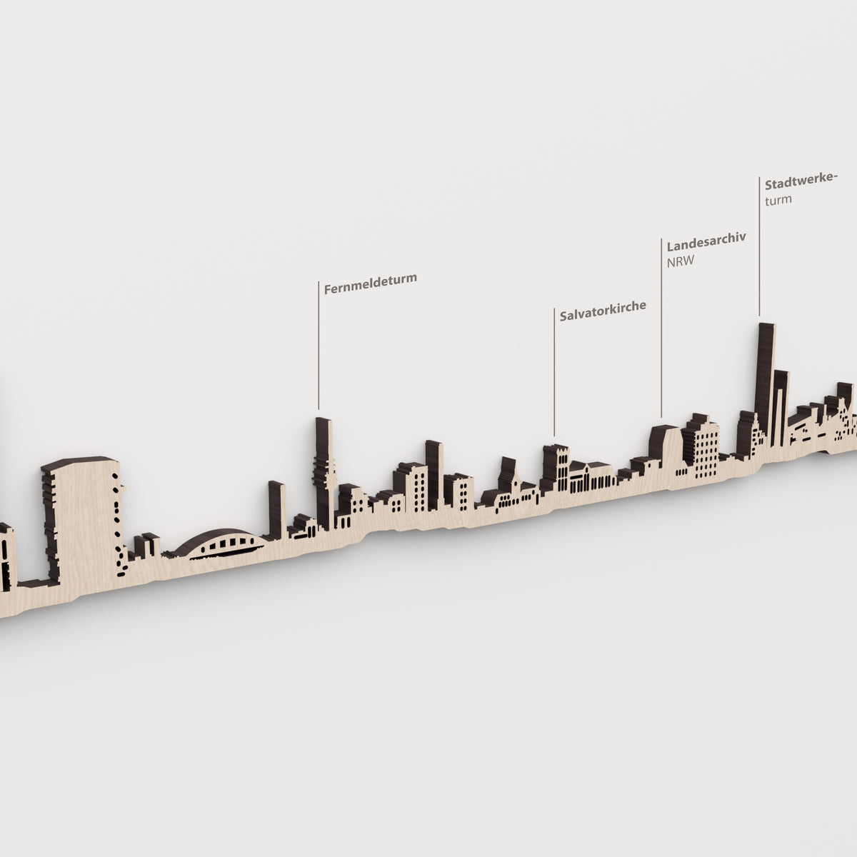 Skyline de Duisburg en acabado natural con nombres de Fernmeldeturm, Salvatorkirche, Landesarchiv NRW, Stadtwerke- turm.