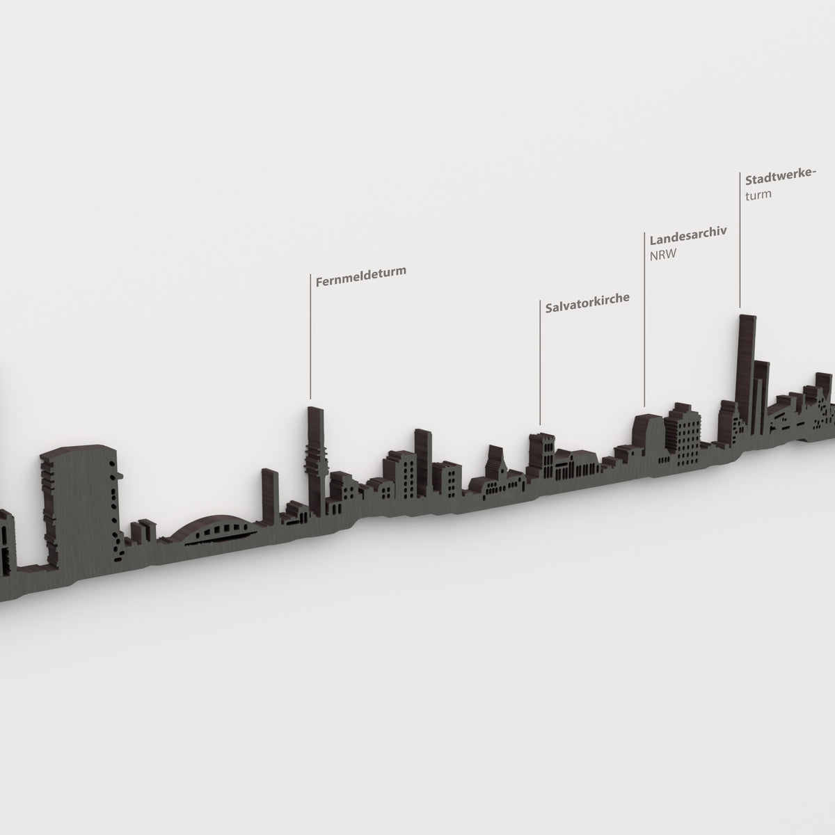 Skyline de Duisburg en acabado negro con nombres de Fernmeldeturm, Salvatorkirche, Landesarchiv NRW, Stadtwerke- turm.