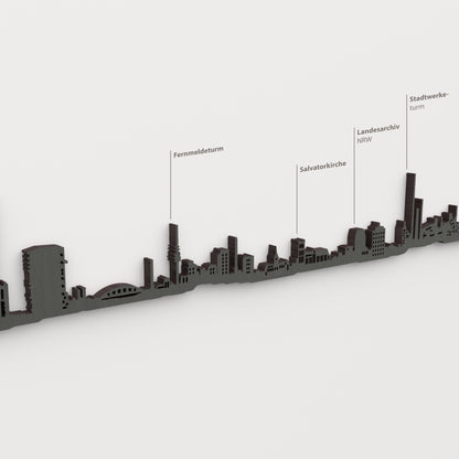 Skyline de Duisburg en acabado negro con nombres de Fernmeldeturm, Salvatorkirche, Landesarchiv NRW, Stadtwerke- turm.