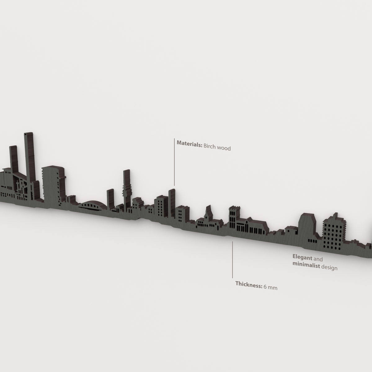 Detalle del skyline de Duisburg en acabado negro, con indicaciones de madera de abedul y grosor de 6 mm.