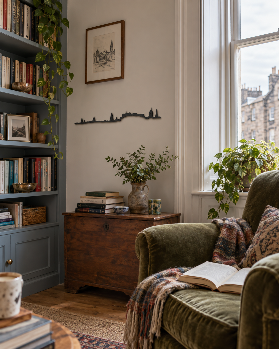 Skyline de Edimburgo en madera negra en un rincón de lectura con butaca verde y estantería de libros.