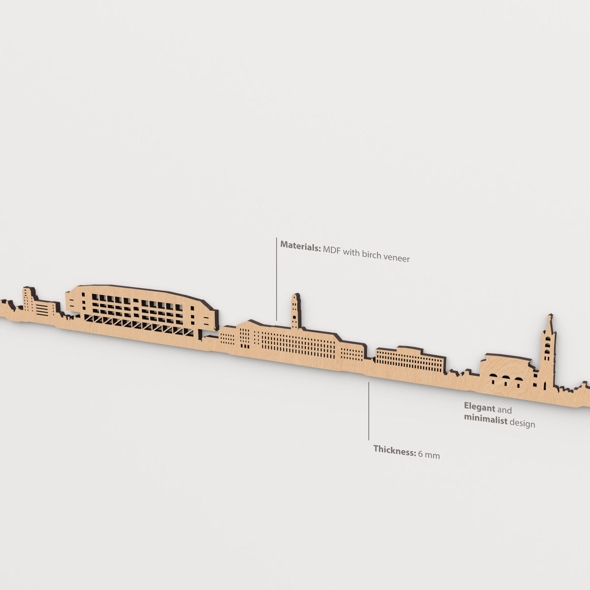 Detailansicht der Skyline von Gelsenkirchen mit MDF-Kern, einer Oberfläche aus natürlichem Birkenholz in Braun und 6 mm Stärke.