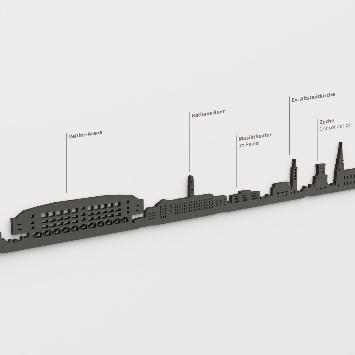 Skyline von Gelsenkirchen mit schwarzem Finish mit den Namen Veltins-Arena, Rathaus Buer, Musiktheater im Revier, Ev. Altstadtkirche, Zeche Consolidation.