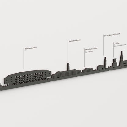 Skyline von Gelsenkirchen mit schwarzem Finish mit den Namen Veltins-Arena, Rathaus Buer, Musiktheater im Revier, Ev. Altstadtkirche, Zeche Consolidation.