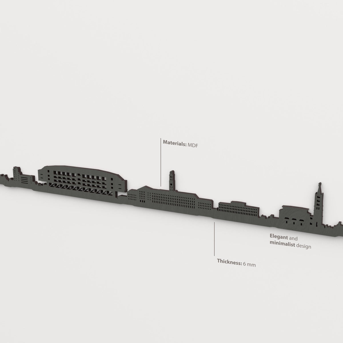 Detailansicht der Skyline von Gelsenkirchen aus MDF mit mattschwarzer Oberfläche und 6 mm Stärke.