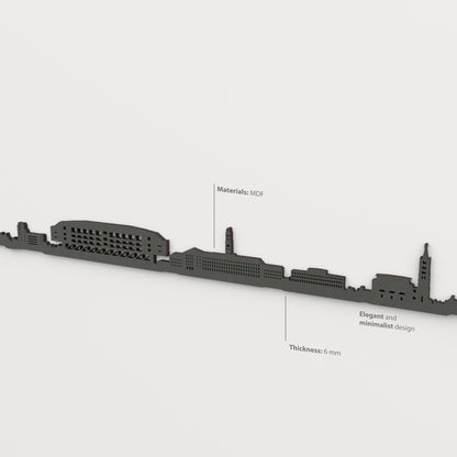 Detailansicht der Skyline von Gelsenkirchen aus MDF mit mattschwarzer Oberfläche und 6 mm Stärke.