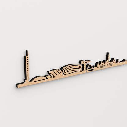 Detalle del skyline de Glasgow en acabado marrón: Glasgow Tower, SEC Armadillo, OVO Hydro y Finnieston Crane con cortes pasantes.