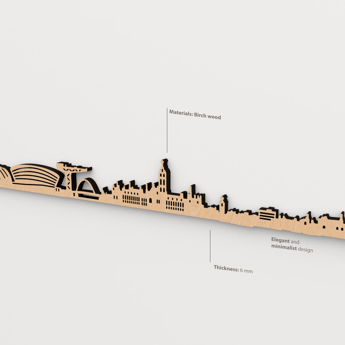Detalle lateral del skyline de Glasgow en acabado marrón, con indicaciones de madera de abedul y grosor de 6 mm.