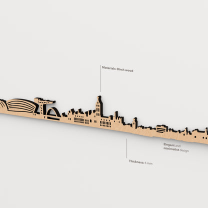 Detalle lateral del skyline de Glasgow en acabado marrón, con indicaciones de madera de abedul y grosor de 6 mm.