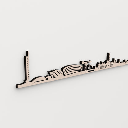 Detalle del skyline de Glasgow en acabado natural: Glasgow Tower, SEC Armadillo, OVO Hydro y Finnieston Crane con cortes pasantes.