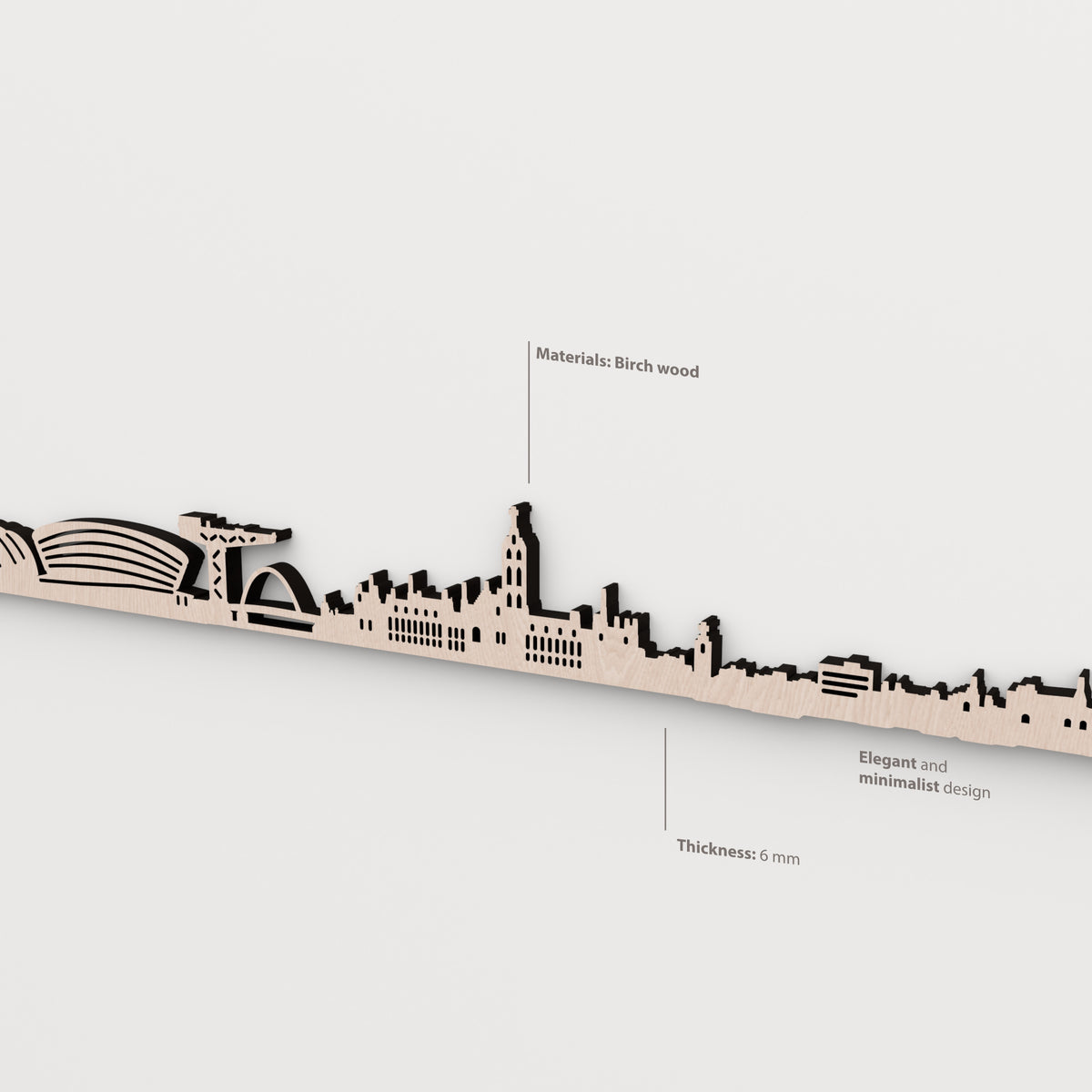 Detalle lateral del skyline de Glasgow en acabado natural, con indicaciones de madera de abedul y grosor de 6 mm.