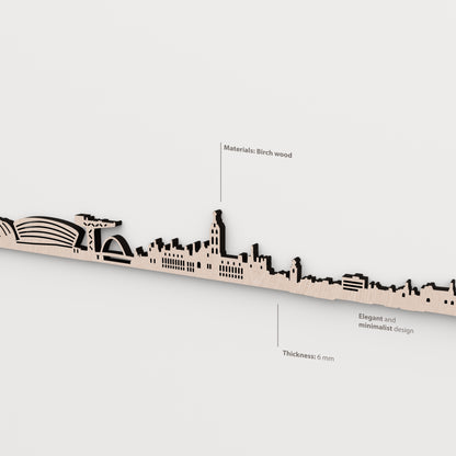 Detalle lateral del skyline de Glasgow en acabado natural, con indicaciones de madera de abedul y grosor de 6 mm.