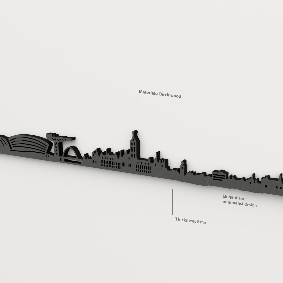 Detalle lateral del skyline de Glasgow en acabado negro, con indicaciones de madera de abedul y grosor de 6 mm.