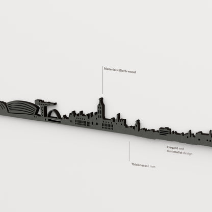 Detalle lateral del skyline de Glasgow en acabado negro, con indicaciones de madera de abedul y grosor de 6 mm.