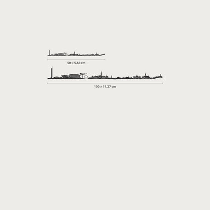 Medidas del skyline de Glasgow en acabado negro: 50 × 5,68 cm y 100 × 11,27 cm, dibujadas con los diseños originales de cada tamaño.