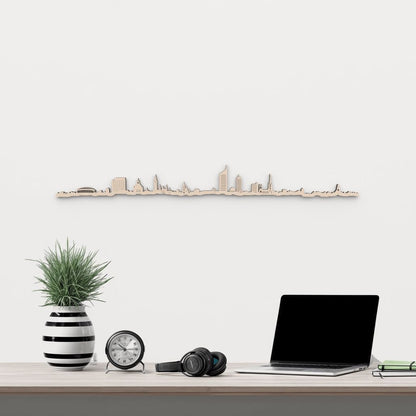 Skyline Leipzig en madera natural para decoración mural.