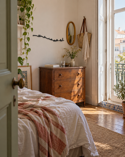 Skyline de Lisboa en madera negra sobre una cómoda, en un dormitorio luminoso con balcón.