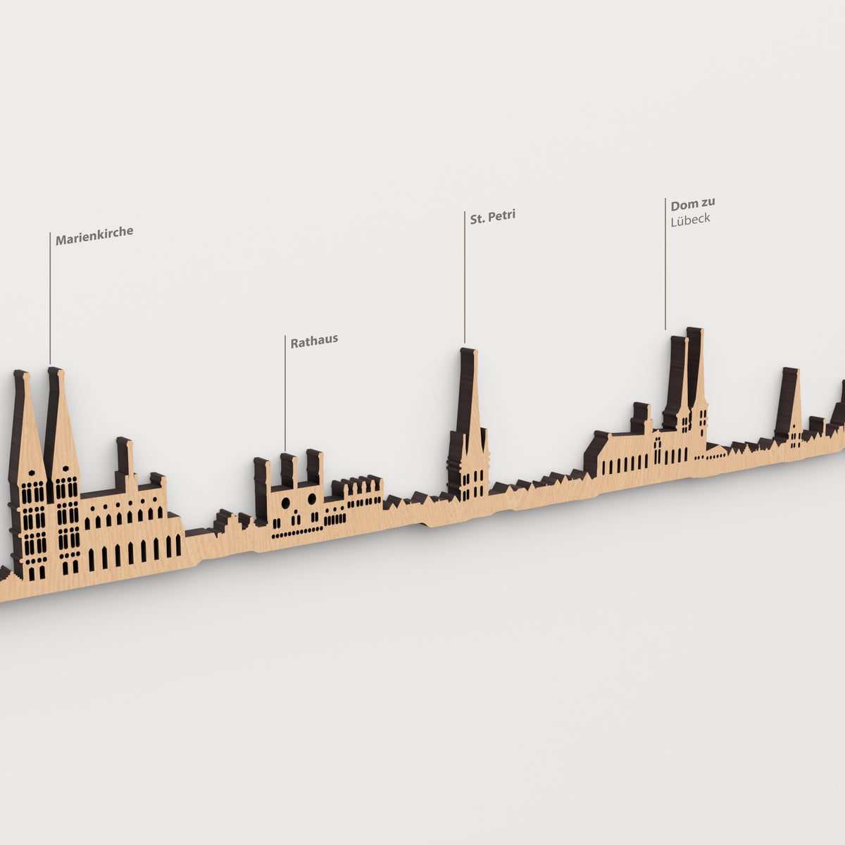 Skyline de Lübeck en acabado marrón con nombres de Marienkirche, Rathaus, St. Petri, Dom zu Lübeck.