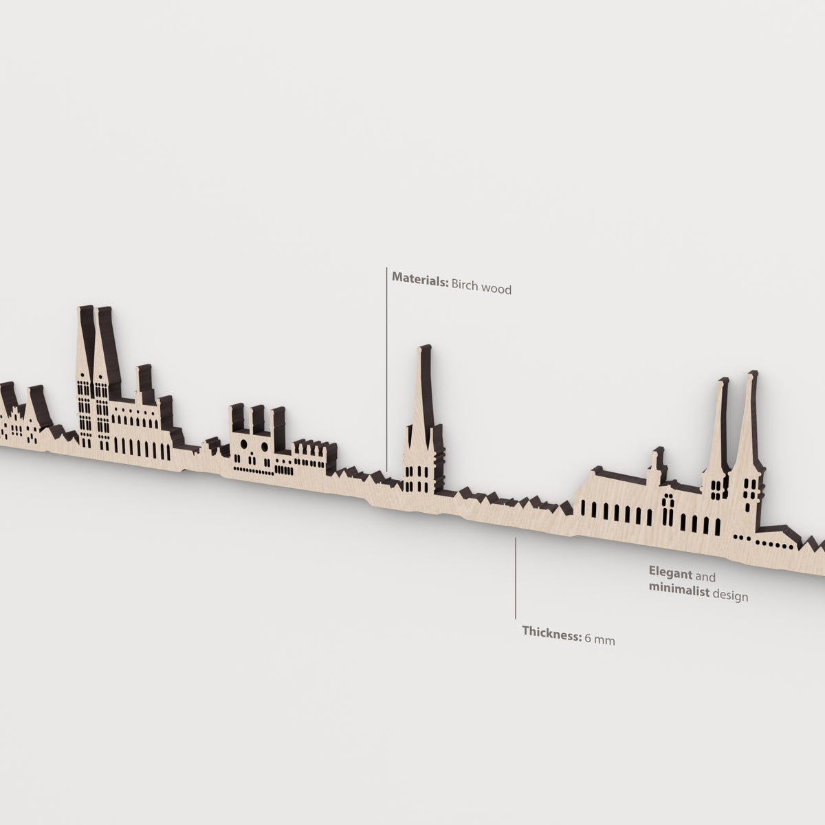 Detalle del skyline de Lübeck en acabado natural, con indicaciones de madera de abedul y grosor de 6 mm.