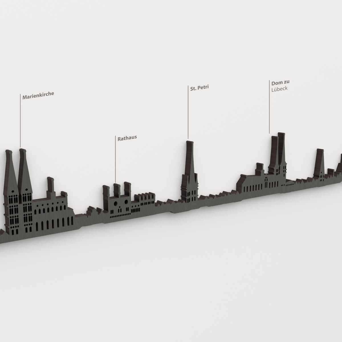 Skyline de Lübeck en acabado negro con nombres de Marienkirche, Rathaus, St. Petri, Dom zu Lübeck.