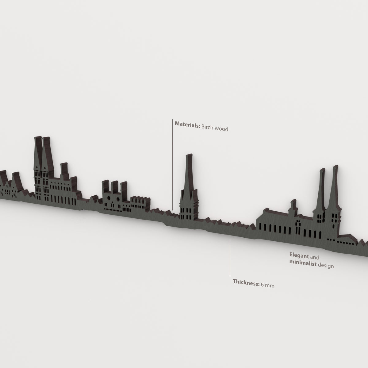 Detalle del skyline de Lübeck en acabado negro, con indicaciones de madera de abedul y grosor de 6 mm.