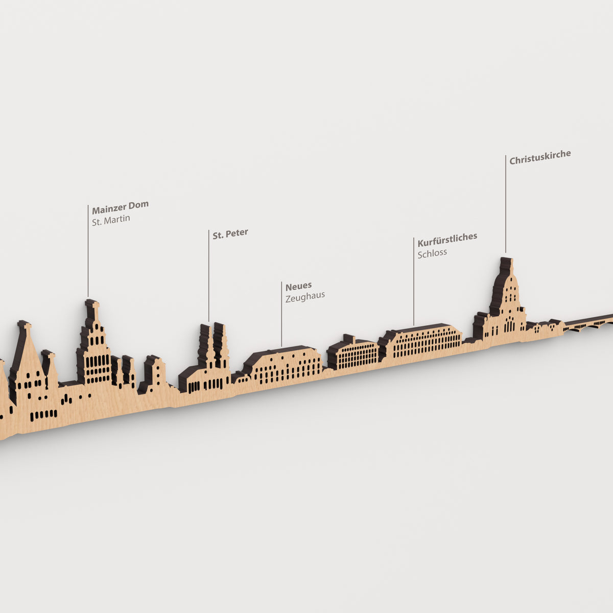 Skyline de Mainz en acabado marrón con nombres de Mainzer Dom St. Martin, St. Peter, Neues Zeughaus, Kurfürstliches Schloss, Christuskirche.