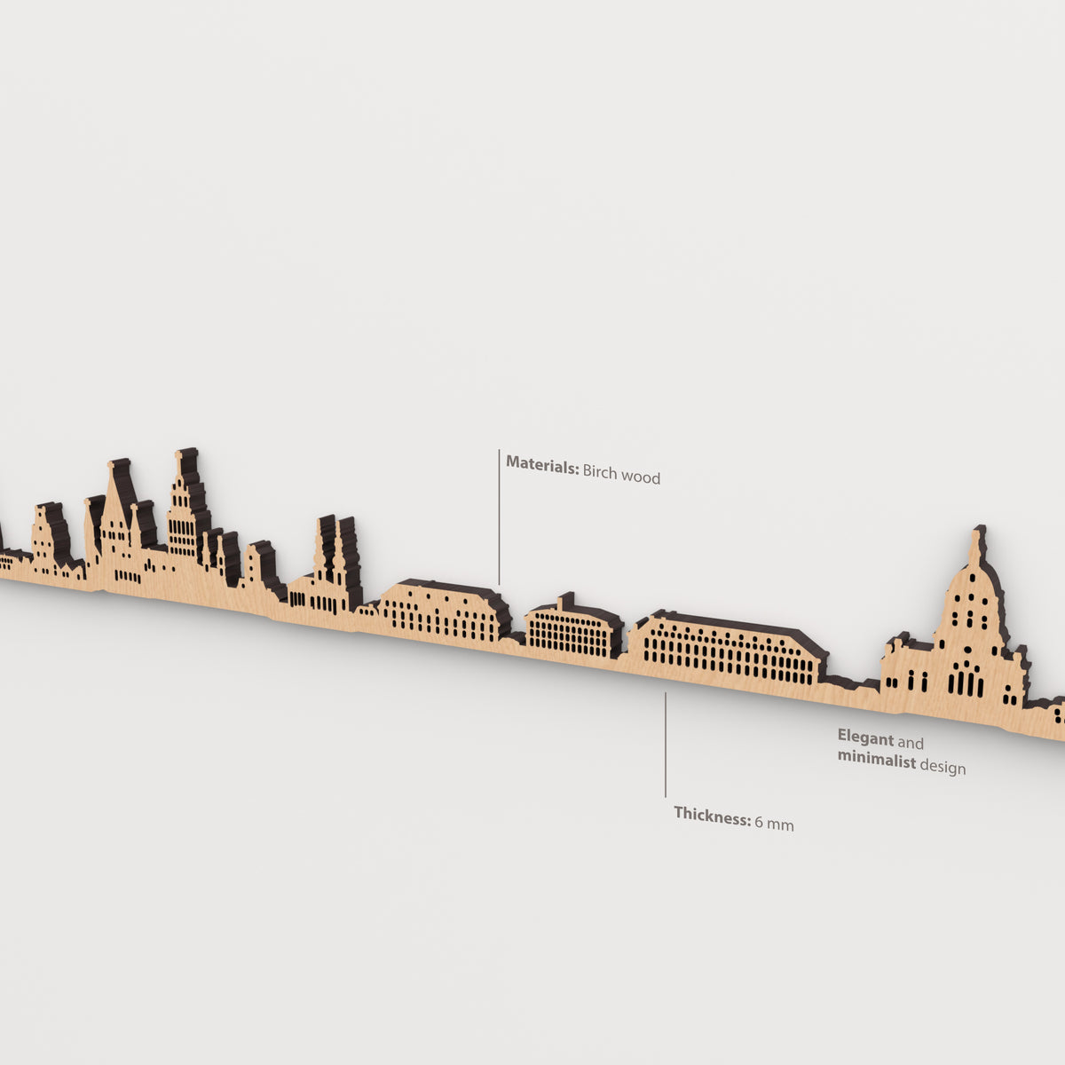Detalle del skyline de Mainz en acabado marrón, con indicaciones de madera de abedul y grosor de 6 mm.