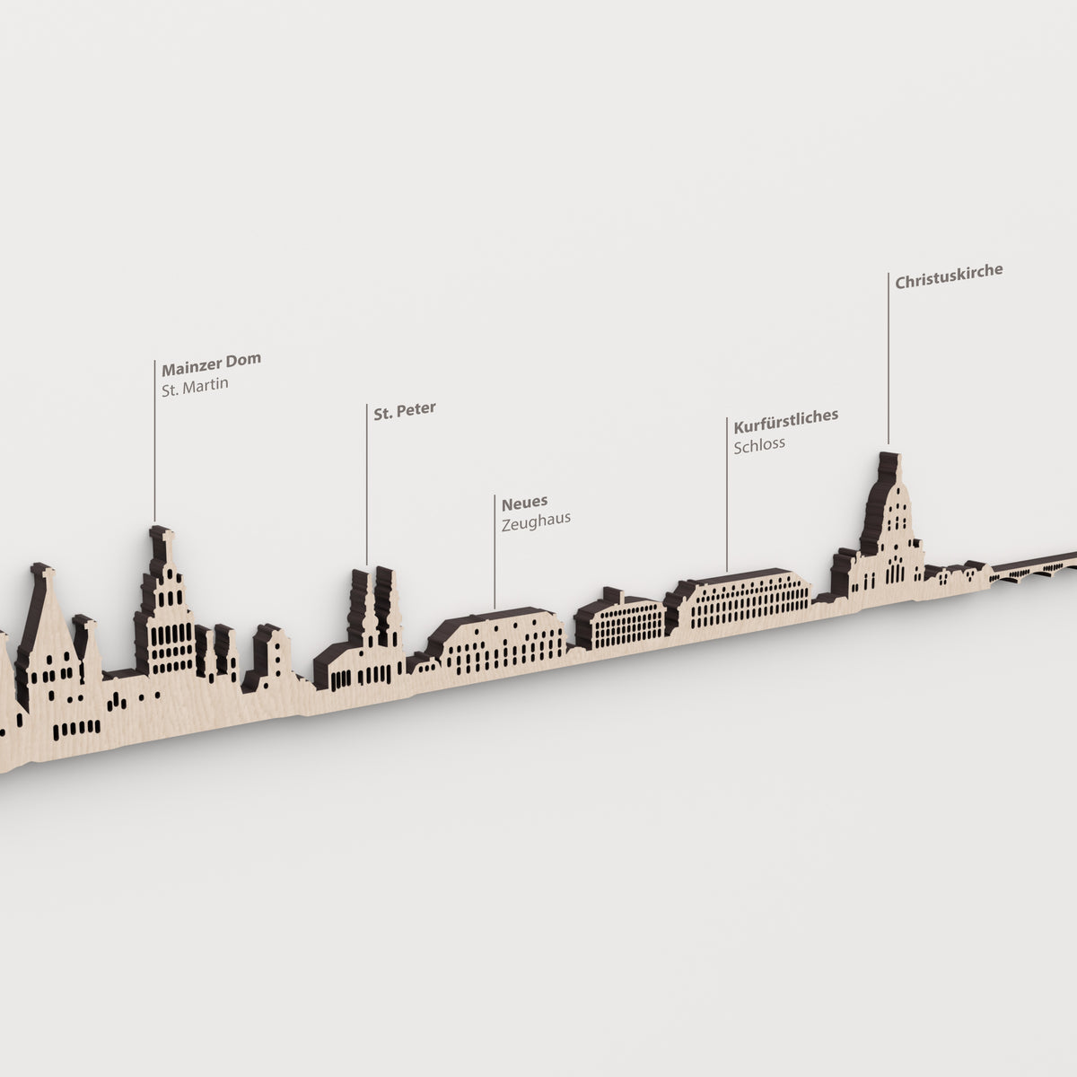 Skyline de Mainz en acabado natural con nombres de Mainzer Dom St. Martin, St. Peter, Neues Zeughaus, Kurfürstliches Schloss, Christuskirche.