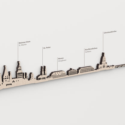 Skyline de Mainz en acabado natural con nombres de Mainzer Dom St. Martin, St. Peter, Neues Zeughaus, Kurfürstliches Schloss, Christuskirche.