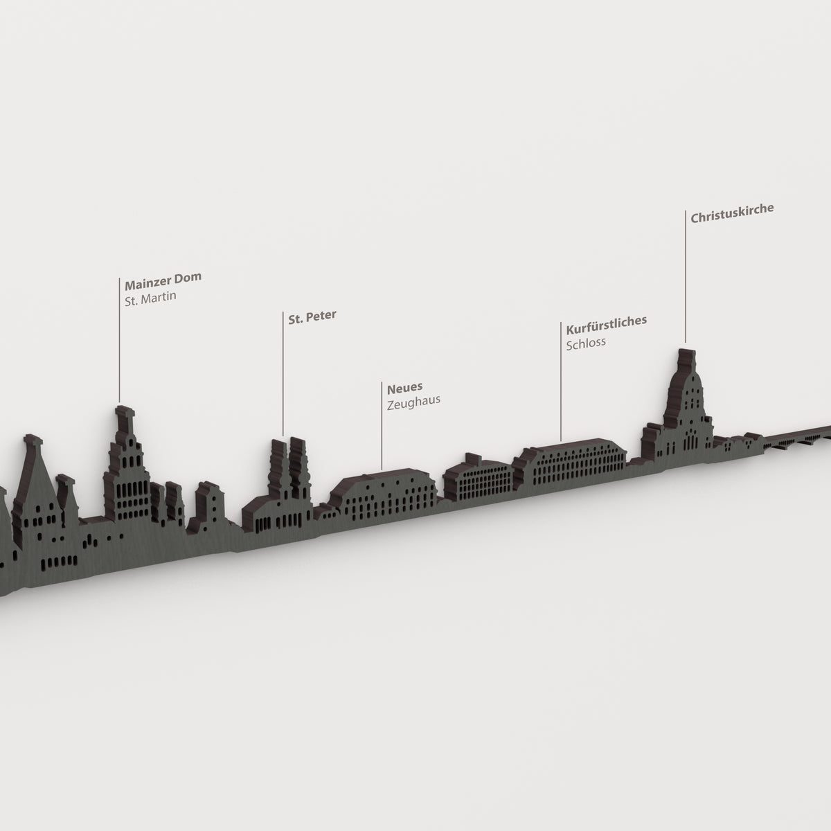 Skyline de Mainz en acabado negro con nombres de Mainzer Dom St. Martin, St. Peter, Neues Zeughaus, Kurfürstliches Schloss, Christuskirche.