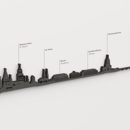 Skyline de Mainz en acabado negro con nombres de Mainzer Dom St. Martin, St. Peter, Neues Zeughaus, Kurfürstliches Schloss, Christuskirche.