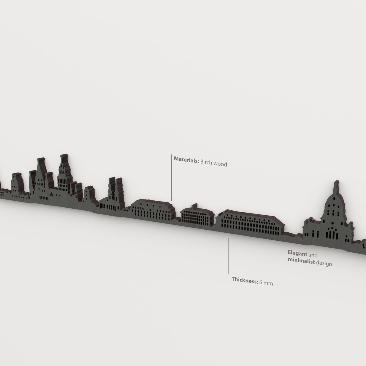 Detalle del skyline de Mainz en acabado negro, con indicaciones de madera de abedul y grosor de 6 mm.