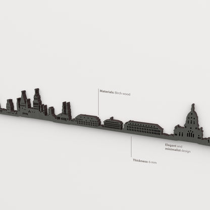 Detalle del skyline de Mainz en acabado negro, con indicaciones de madera de abedul y grosor de 6 mm.