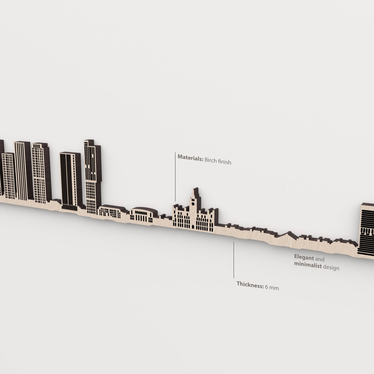 Detalle del skyline de Manchester en acabado natural, con indicaciones de material y grosor de 6 mm.