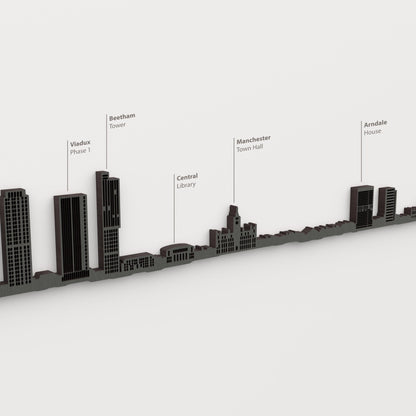 Skyline de Manchester en acabado negro con nombres de Viadux Phase 1, Beetham Tower, Central Library, Manchester Town Hall, Arndale House.