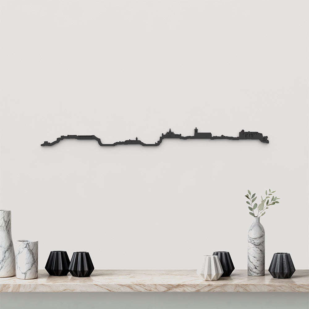 Skyline Maó de madera negra, silueta decorativa de pared.