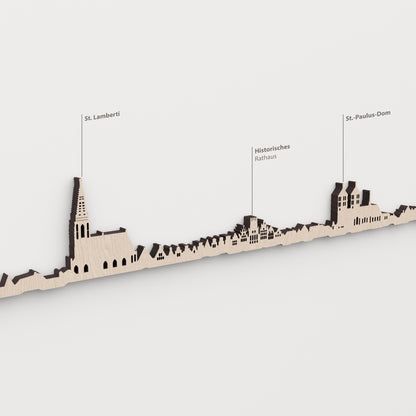 Skyline de Münster en acabado natural con nombres de St. Lamberti, Historisches Rathaus, St.-Paulus-Dom.