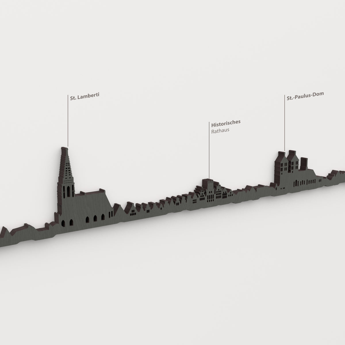 Skyline de Münster en acabado negro con nombres de St. Lamberti, Historisches Rathaus, St.-Paulus-Dom.