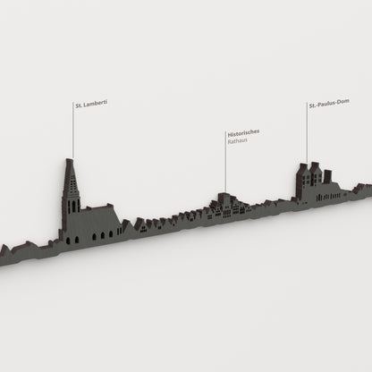 Skyline de Münster en acabado negro con nombres de St. Lamberti, Historisches Rathaus, St.-Paulus-Dom.