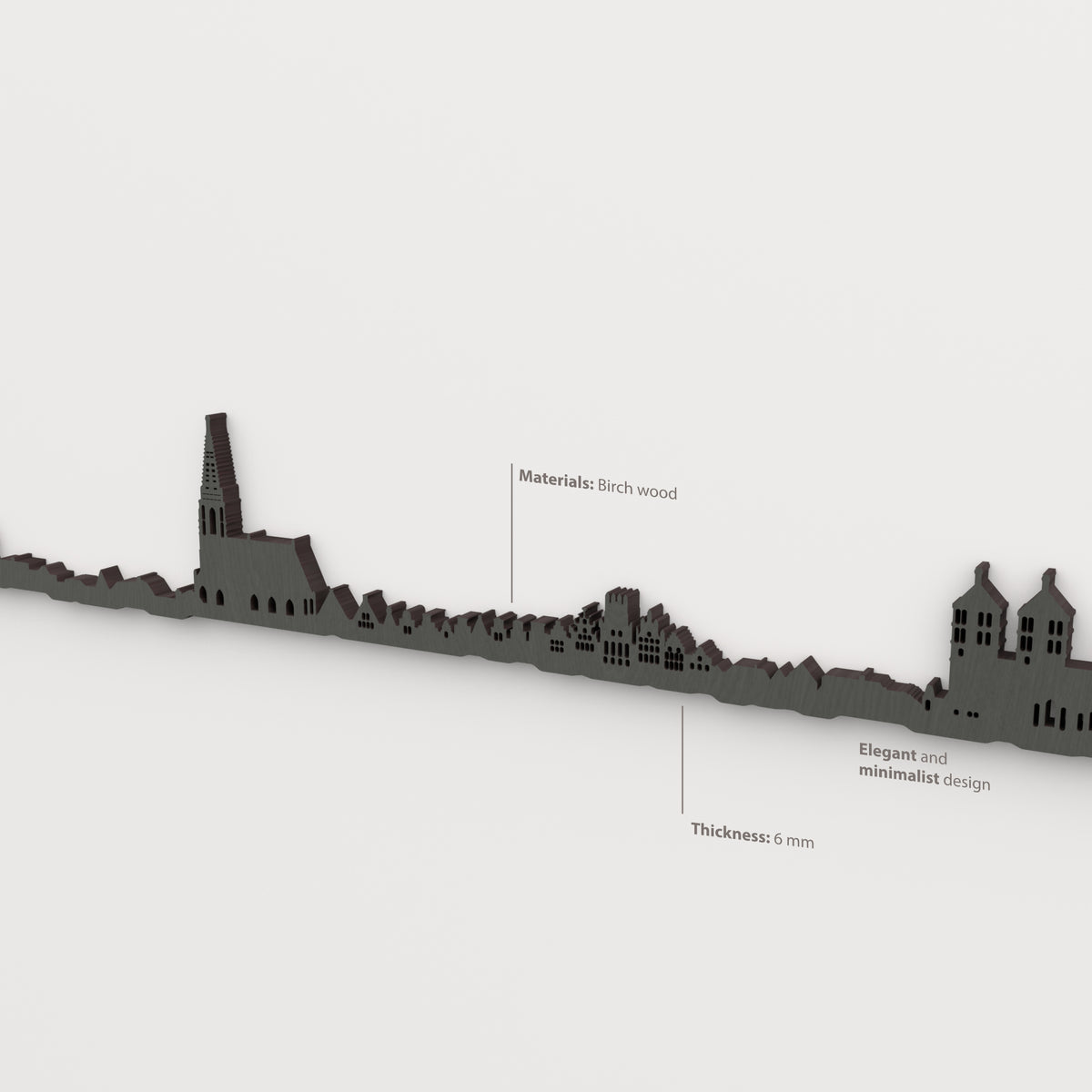Detalle del skyline de Münster en acabado negro, con indicaciones de madera de abedul y grosor de 6 mm.