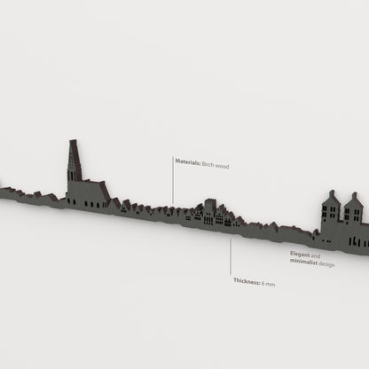 Detalle del skyline de Münster en acabado negro, con indicaciones de madera de abedul y grosor de 6 mm.
