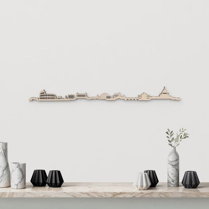 Silueta skyline de Roma en madera natural para decoración mural.